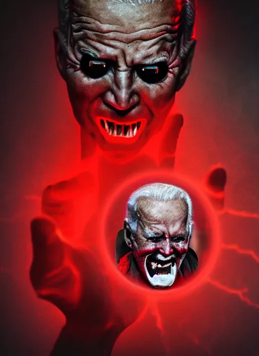 Image similar to hyper realistic ultra realistic horror terror dimensional photo furious glowing red eyes biden, high quality photo, detailed , 8k