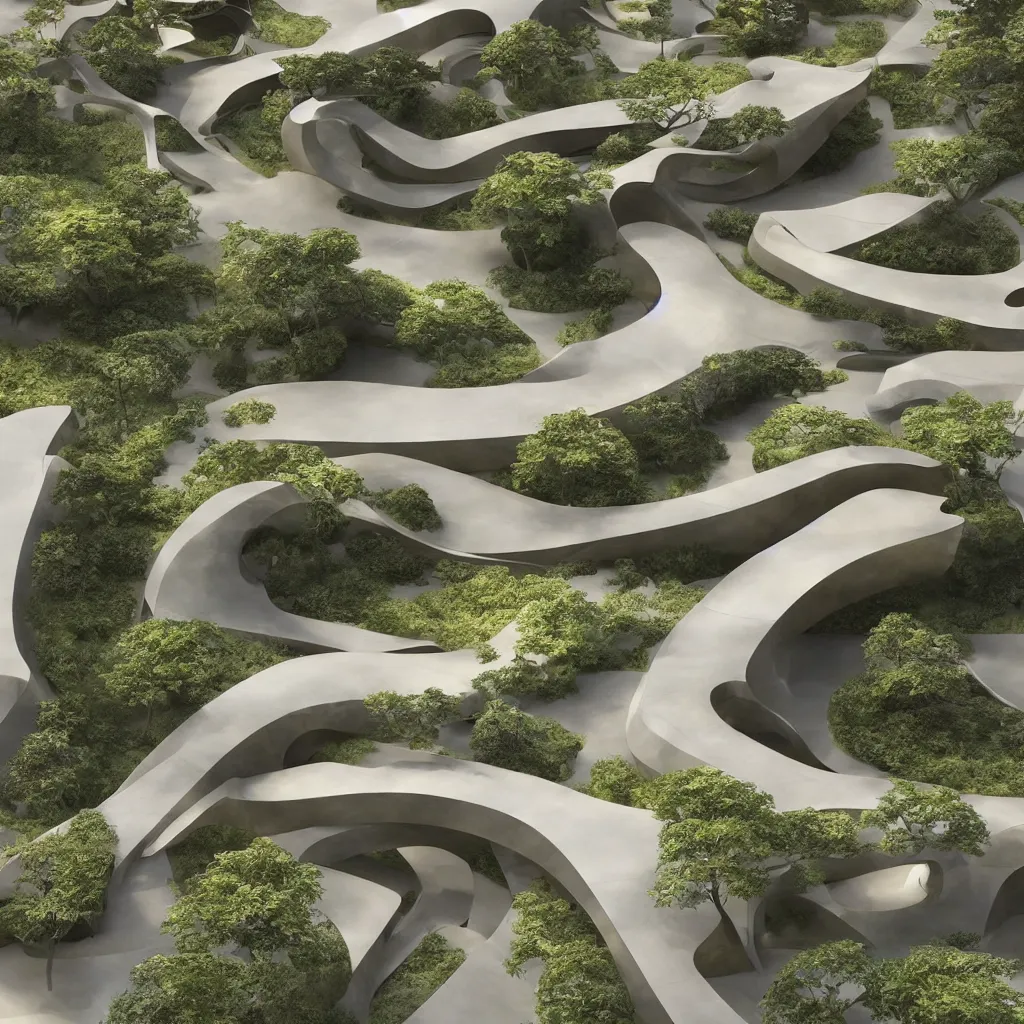 Prompt: “ an incredibly smooth curvilinear architectural complex spatial sculpture, unfolding continuously golden surfaces enclose a visually interesting japanese zen garden designed by zaha hadid, architecture render, vray ”