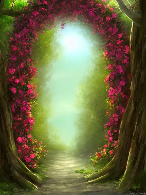 Image similar to A beautiful digital illustration painting of a floral archway in the woods , 8k resolution deviantart trending on Artstation concept art digital illustration