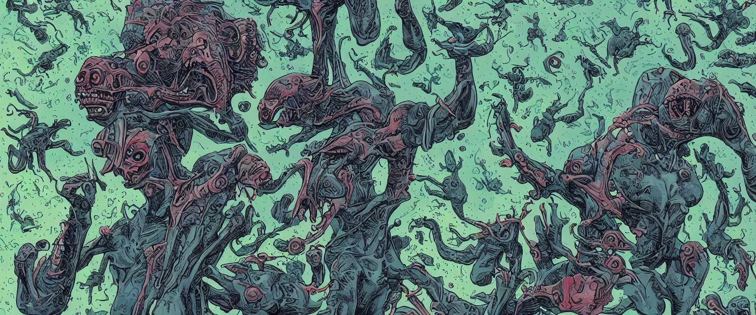 Image similar to woman screaming nightmare alien invasion attacking earth the end of the world, story illustration art green colors by james jean