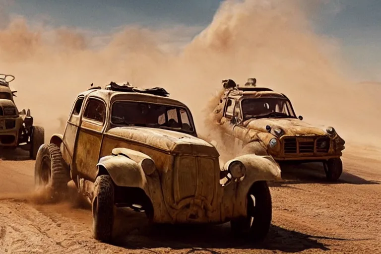 Image similar to epic sandstorm battle, Renault 4 cars in the Movie Mad Max: Fury Road (2015)