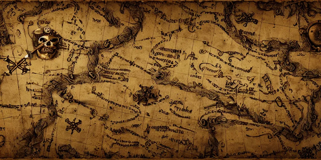 Image similar to photorealistic illustration, pirate treasure map, x marks the spot, detailed map to buried treasure, one - eyed willie ’ s treasure map from the goonies movie, octane render, 8 k resolution,