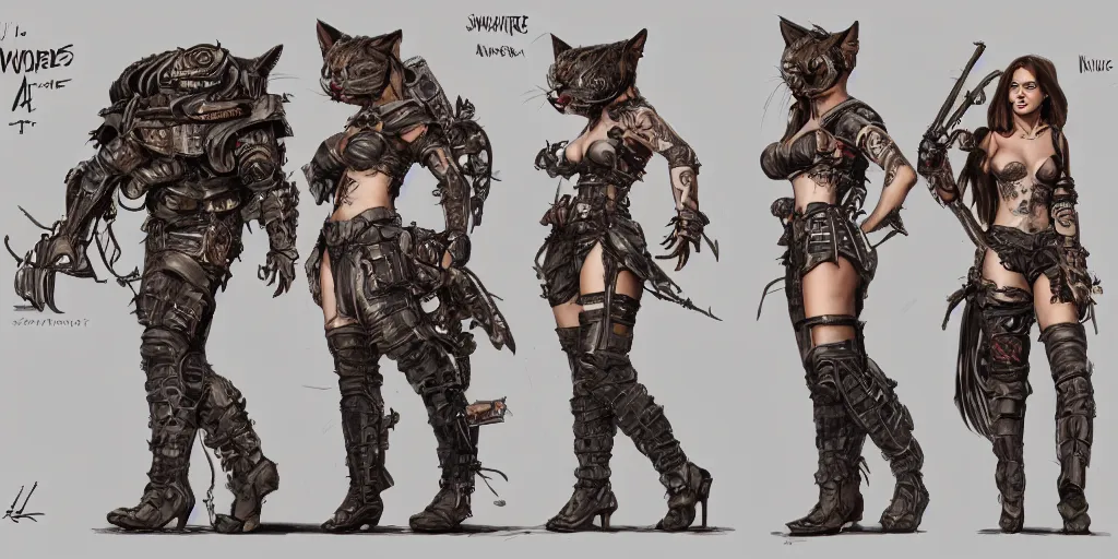 Image similar to portrait of anne winters as a tattooed armored wanderer pinup, wearing scratched and ripped leather shorts and a huge cat is by her side, character sheet, fine details, concept design, contrast, kim jung gi, greg rutkowski, trending on artstation, 8 k, full body, turnaround, front view, back view, ultra wide angle