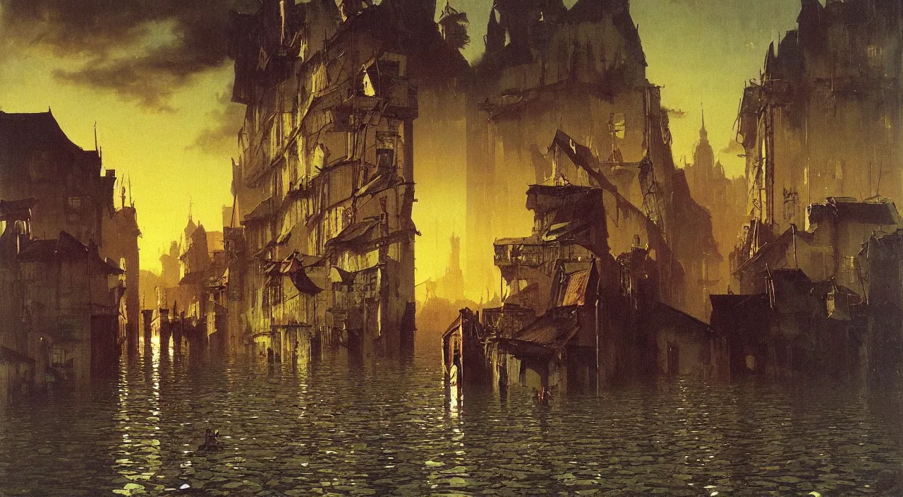 Prompt: very coherent and colorful high contrast!! painting of a flooded town by bruce pennington carl spitzweg rene magritte, full - length view, hard black shadows, vivid colors, symmetry, great composition, high detail, cinematic lighting, masterpiece