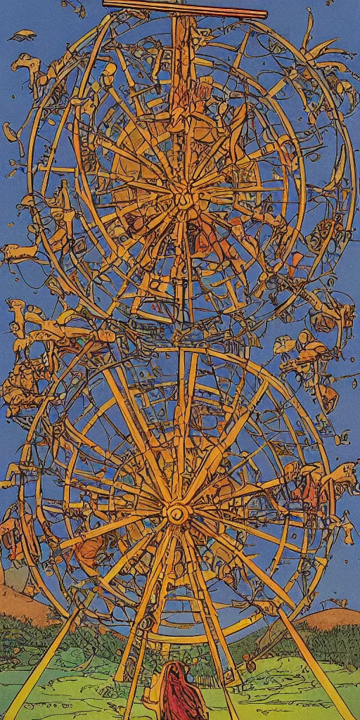 Image similar to the tarot card of the wheel of fortune painted by moebius.