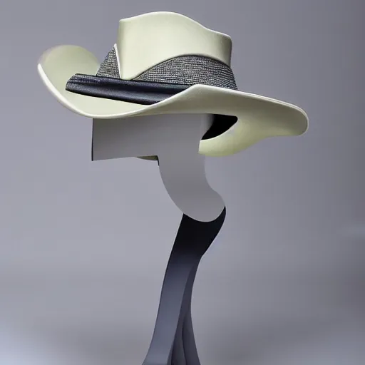Prompt: [high tech cowboy hat in futuristic colours and fabrics, object design, couture]