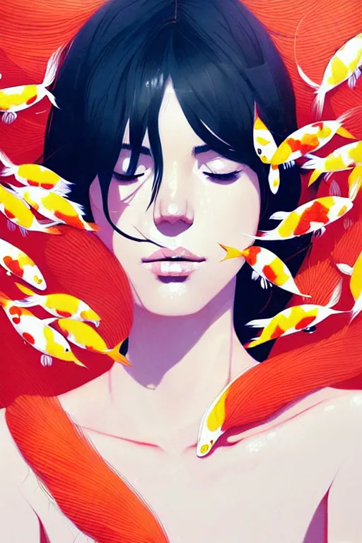 Image similar to a ultradetailed beautiful portrait panting of a stylish woman surrounded by floating koi fish, by conrad roset, greg rutkowski and makoto shinkai, trending on artstation