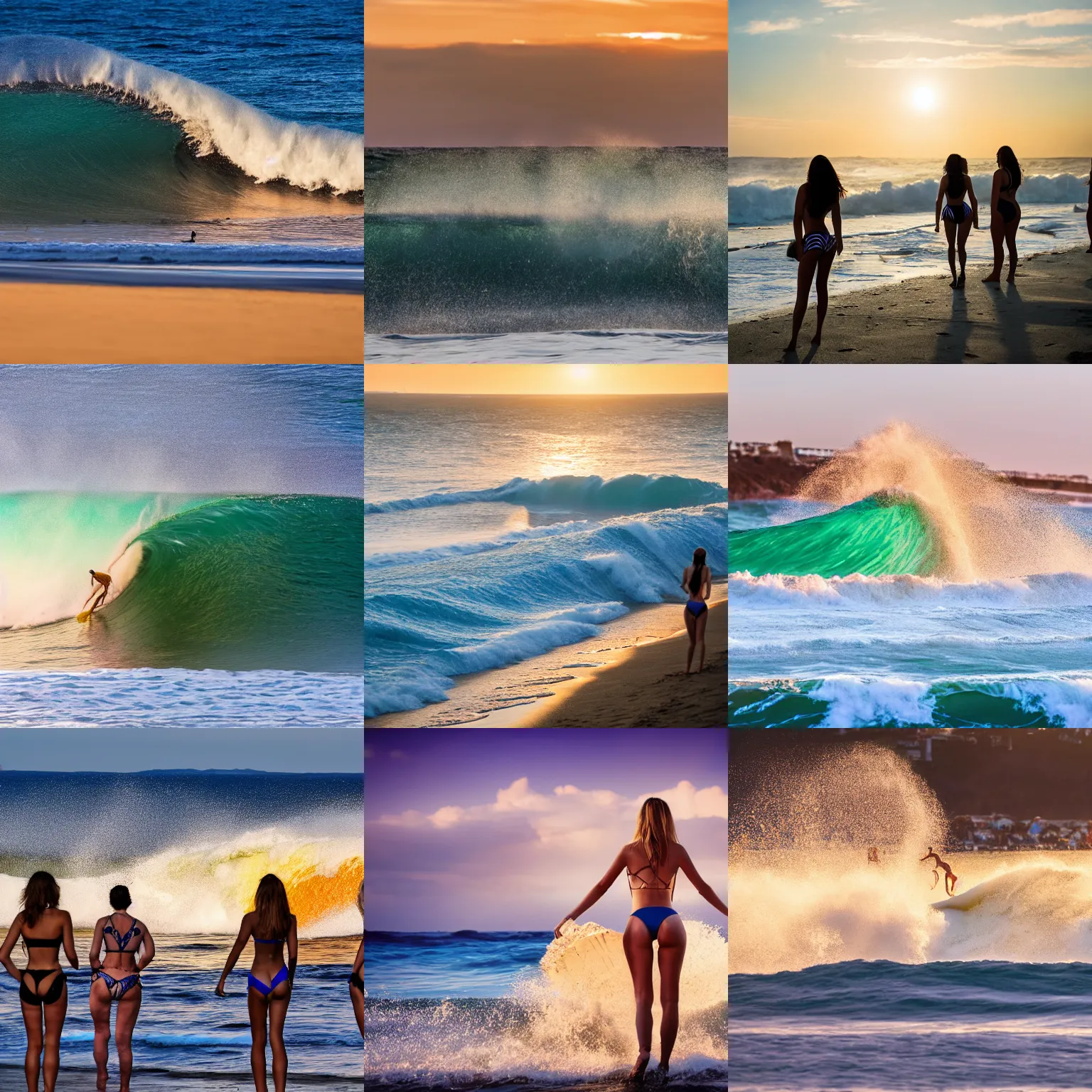 Prompt: women in bikinis at the beach, golden hour, as giant wave is about to crash