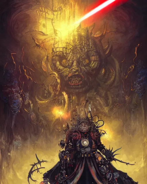 Image similar to Joe Biden with a wide grin shooting laser beams out of his eyes into a crowd, Evil, chaos, hypermaximalist, ornate, horror, Peter Mohrbacher, Marc Simonetti, Mike Mignola, detailed, bloodborne, colorful