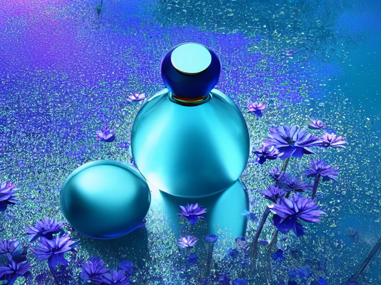 Prompt: perfume bottle standing in a glittering oasis in deep blue pond water surrounded blue flowers by zaha hadid ; octane highly render, 4 k, ultra hd, 2 0 0 mm, mute dramatic colours, soft blur outdoor stormy sea background, volumetric lighting