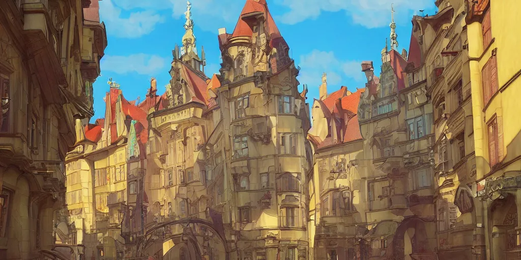 Image similar to art nouveau prague old town, pixar style, ghibli studio, anime style, 8 k hdr, octane render, unreal engine 5, trending on deviantart, natural lighting, path traced, highly detailed, high quality, godrays, complementary colors, beautiful landscape, cartoon, high coherence, soft lighting, soft colors, digital art, digital painting, matte