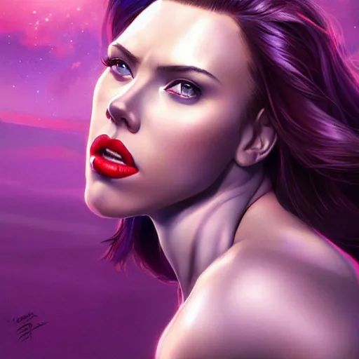 Image similar to scarlett johansson as thanos, feminine beautiful muscular fitness model wearing armor, dark purple skin, red lips, very strong jaw, pin up, attractive, highly detailed upper body portrait, pretty face, elegant, breathtaking art, concept art, by artgerm and ilya kuvshinov