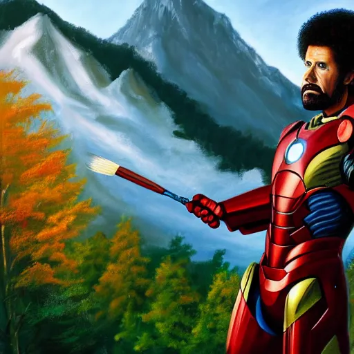 Prompt: a closeup photorealistic photograph of bob ross with a paintbrush and diligently finishing a canvas painting of iron man. mountains and trees. film still. brightly lit scene. this 4 k hd image is trending on artstation, featured on behance, well - rendered, extra crisp, features intricate detail, epic composition and the style of unreal engine.