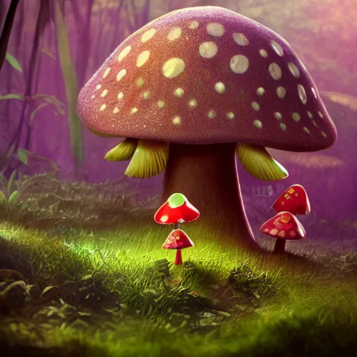 Prompt: Intricate detailed illustration, A small and happy humanoid mushroom frolicking in a lush tropical jungle, 🍄 , cinematic lighting, by Philip Hood, wide angle, volumetric light scattering, 8k, artstation, concept art,