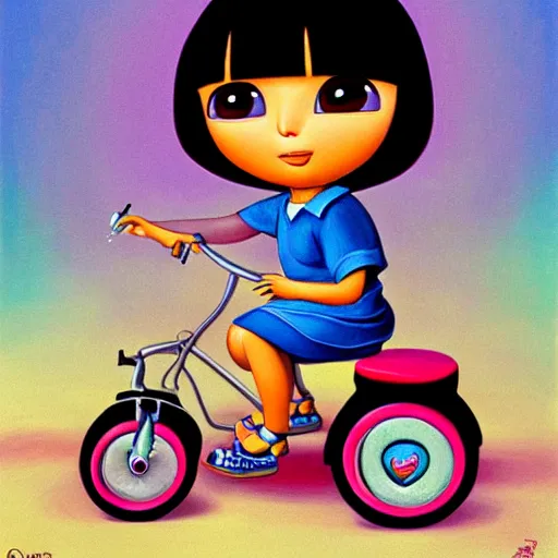 Prompt: Dora The Explorer on a tricycle, lowbrow painting by Mark Ryden