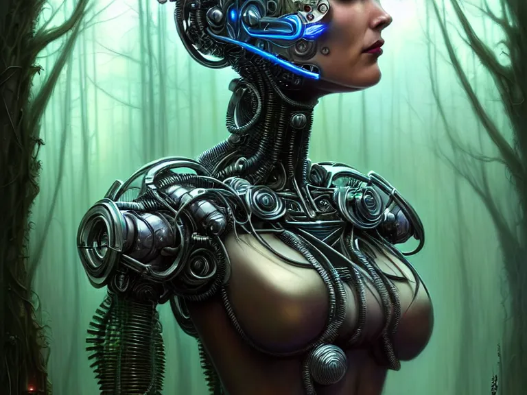 Prompt: portrait shot of a cyberpunk robot woman, in a forest, intricate, elegant, highly detailed, centered, digital painting, artstation, concept art, smooth, sharp focus, illustration, artgerm, tomasz alen kopera, peter mohrbacher, donato giancola, joseph christian leyendecker, wlop, boris vallejo