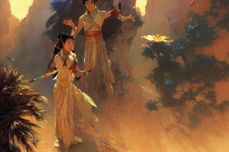 Image similar to wuxia, space, painting by gaston bussiere, craig mullins, j. c. leyendecker