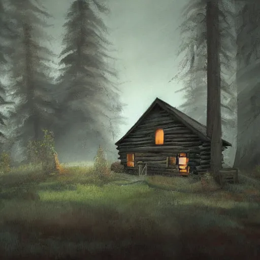 Image similar to a painting of a eerie cabin in the middle of the woods in the style of craig mullins