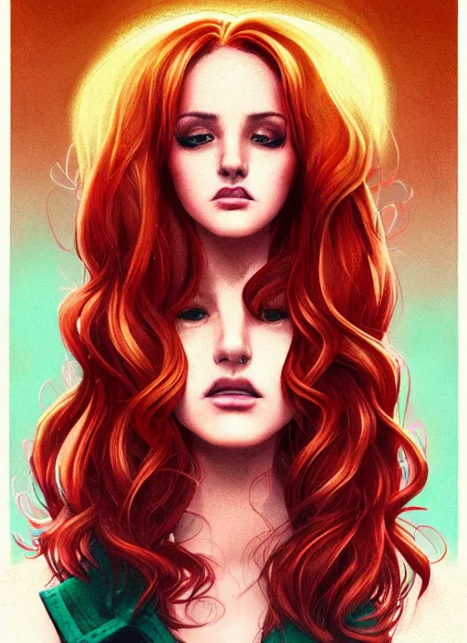 Image similar to full body portrait of teenage cheryl blossom, bangs, green eyes, mischievous expression, red hair, sultry smirk, bangs and wavy hair, 1 9 8 0 s, intricate, elegant, glowing lights, highly detailed, digital painting, artstation, concept art, smooth, sharp focus, illustration, art by wlop, mars ravelo and greg rutkowski