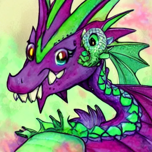 Prompt: adorable baby dragon, the dragon is purple and glittery, fantasy concept art, pastels, ethereal fairytale, watercolor kawaii