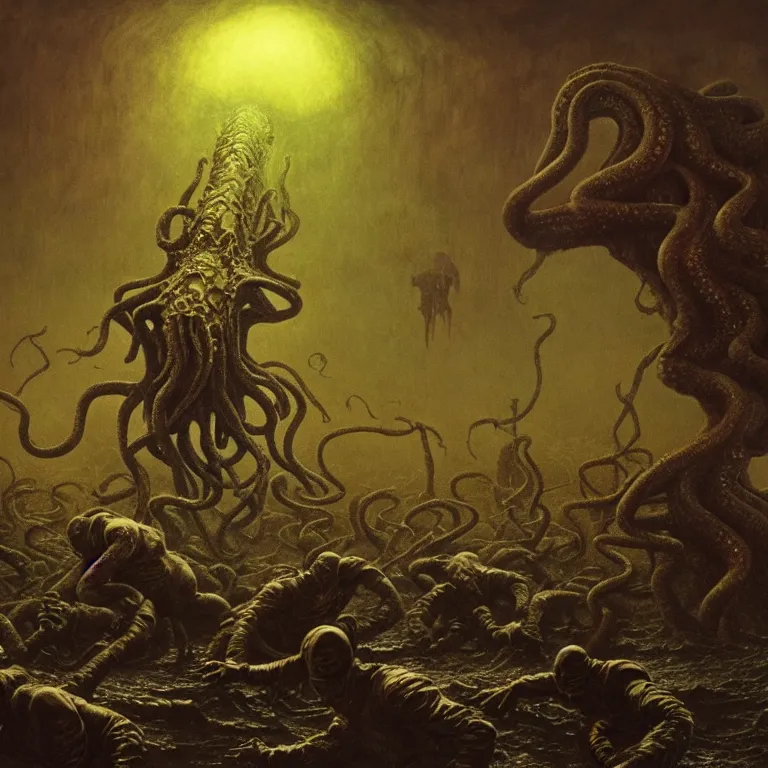 Image similar to a cinematic scene from the cthulhu fighting against the soldiers in nevada test side, lovecraft, concept art by beksinski and jean delville, dramatic lighting, ultra hd, hdr, 8 k