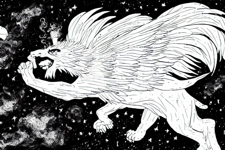 Prompt: angelic majestic winged lioness flying in outer space, black and white ink on paper, thick thick thick outlines, 8k high quality detailed art, trending on art station, super wide angel, manga art, by Eiichiro Oda