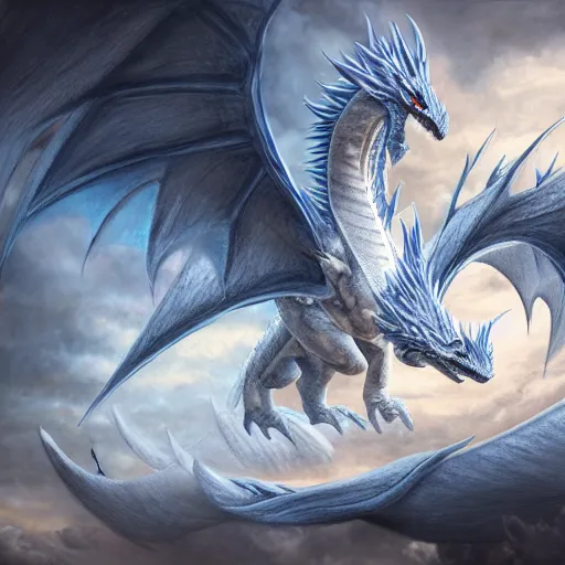 Image similar to a Blue eyed white dragon, epic background by Keith Thompson and Christopher Bretz, highly detailed, digital painting, HDRI, vivid colors, high contrast, 8k resolution, intricate, photorealistic, smooth