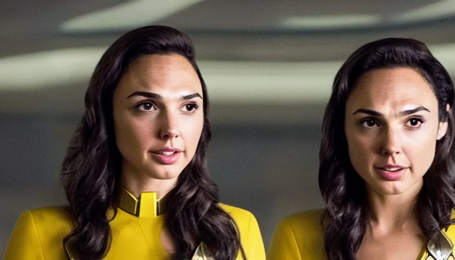 Image similar to Gal Gadot, wearing a yellow uniform, is the captain of the starship Enterprise in the new Star Trek movie