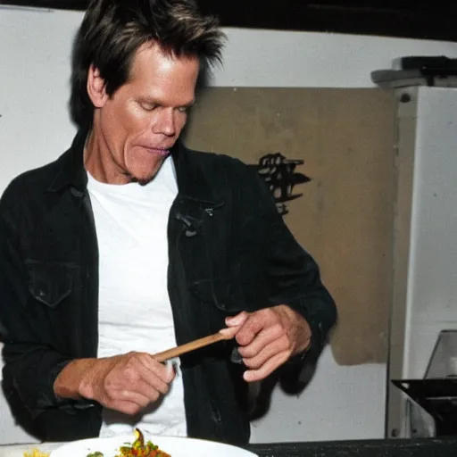 Prompt: kevin bacon making bacon