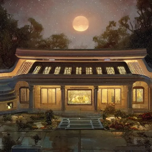 Image similar to STAR TREK house night time architecture designed in ancient Greece, (SFW) safe for work, photo realistic illustration by greg rutkowski, thomas kindkade, alphonse mucha, loish, norman rockwell