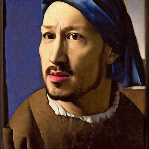 Image similar to markiplier portrait as het meisje met de parel, by johannes vermeer, oil painting, traditional art, detailed, histroical