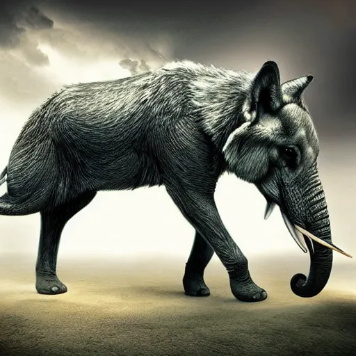 Image similar to a wolf merged with an elephant, photomorph artwork, high quality,!! photorealistic