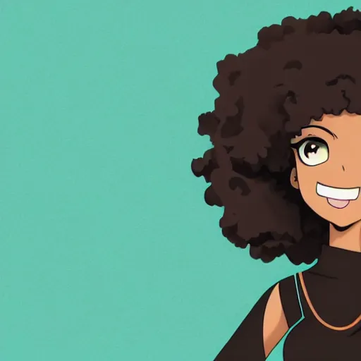 Image similar to A brown skinned woman with black curly hair as an anime character