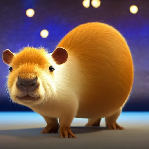 Prompt: Pixar type render of a capybara in a white tutu center stage with one light pointing at him sparkles and tension for the audition
