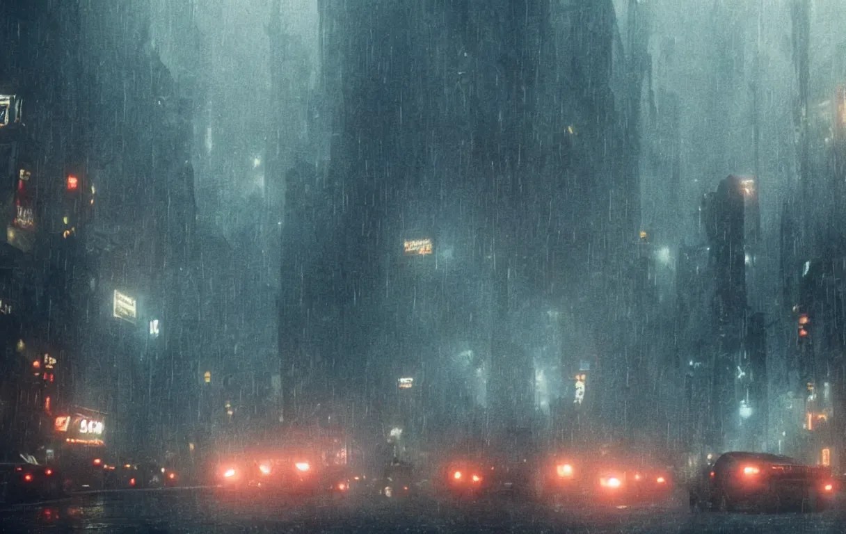 Prompt: blade runner 2047, movie, dystopian city, rain