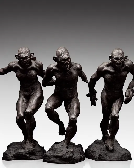 Prompt: a full figure rubber sculpture of a group of running orcs, by Michelangelo, dramatic lighting, rough texture, subsurface scattering, wide angle lens