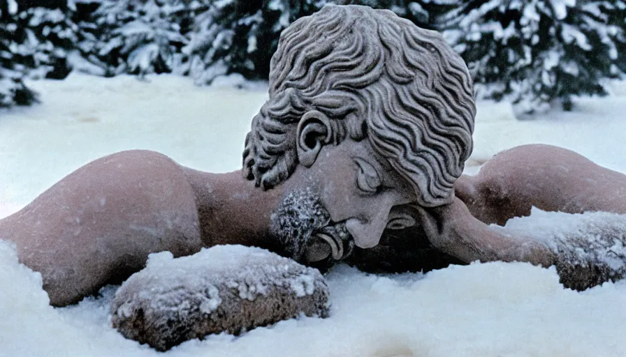 Prompt: 1 9 6 0 s movie still close up of marcus aurelius in toga frozen to death under the snow on a river's shore with gravel, pine forests, cinestill 8 0 0 t 3 5 mm, high quality, heavy grain, high detail, texture, dramatic light, anamorphic, hyperrealistic, detailed hair, foggy