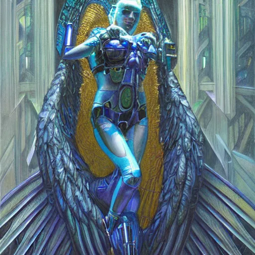 Image similar to portrait of a cyberpunk angel, by donato giancola.