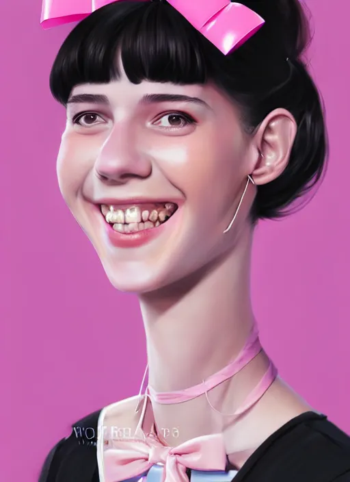 Image similar to portrait of high school girl, realistic, black hair, bangs, half updo hairstyle, pointy nose, skinny, smile, ugly, defined jawline, big chin, pink hair bow, earrings, intricate, elegant, glowing lights, highly detailed, digital painting, artstation, sharp focus, illustration, art by wlop, mars ravelo and greg rutkowski