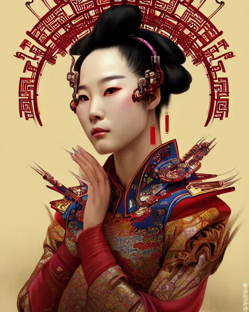 Image similar to portrait of a chinese cyberpunk machine, machine face, upper half portrait, decorated with chinese opera motifs, regal, asian, fine china, wuxia, traditional chinese art intricate intense elegant 京 剧 highly detailed digital painting artstation concept art smooth sharp focus illustration, art by artgerm and greg rutkowski alphonse mucha 8 k