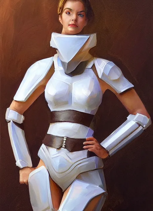 Prompt: stunning woman in a coffee shop wearing low poly, glossy white armor, by mark arian