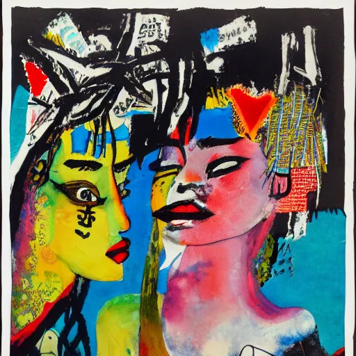 Prompt: watercolor painting of two bizarre psychedelic women kissing in japan in winter, speculative evolution, mixed media collage by basquiat and jackson pollock, maximalist magazine collage art, sapphic art, psychedelic illustration