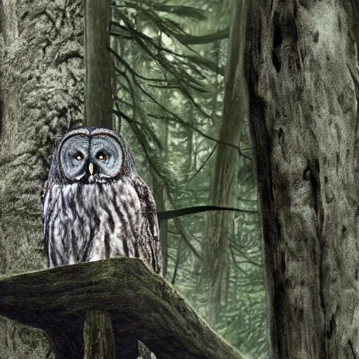 Prompt: an 5 5 - year old man looks at a great grey owl in a tree in front of him, concept art, realistic modern supernatural horror thriller aesthetic, hd 4 k 8 k digital matte painting, by david mattingly and michael whelan and samuel araya. layout in the style of christopher mckenna and gregory crewdson