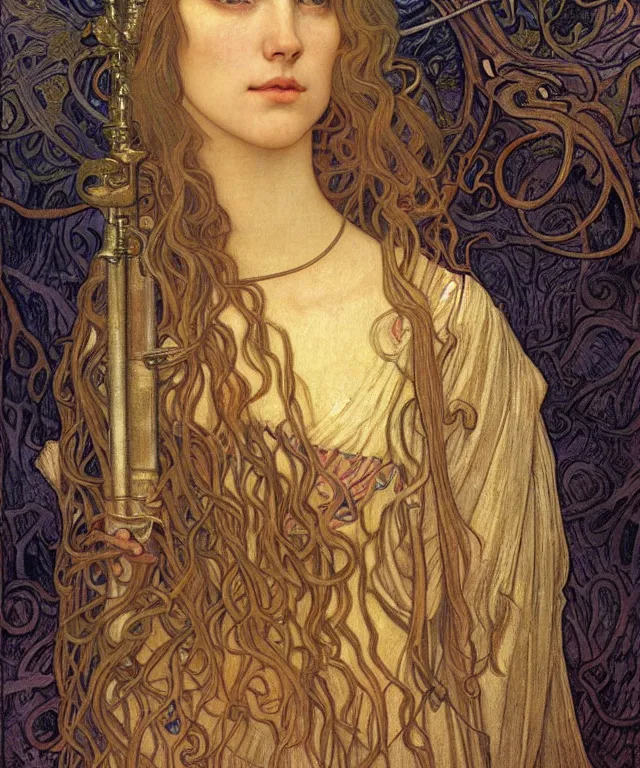 Image similar to detailed realistic beautiful young medieval queen face portrait by jean delville, alphonse mucha, vincent van gogh, and marco mazzoni, art nouveau, symbolist, visionary, gothic, pre - raphaelite