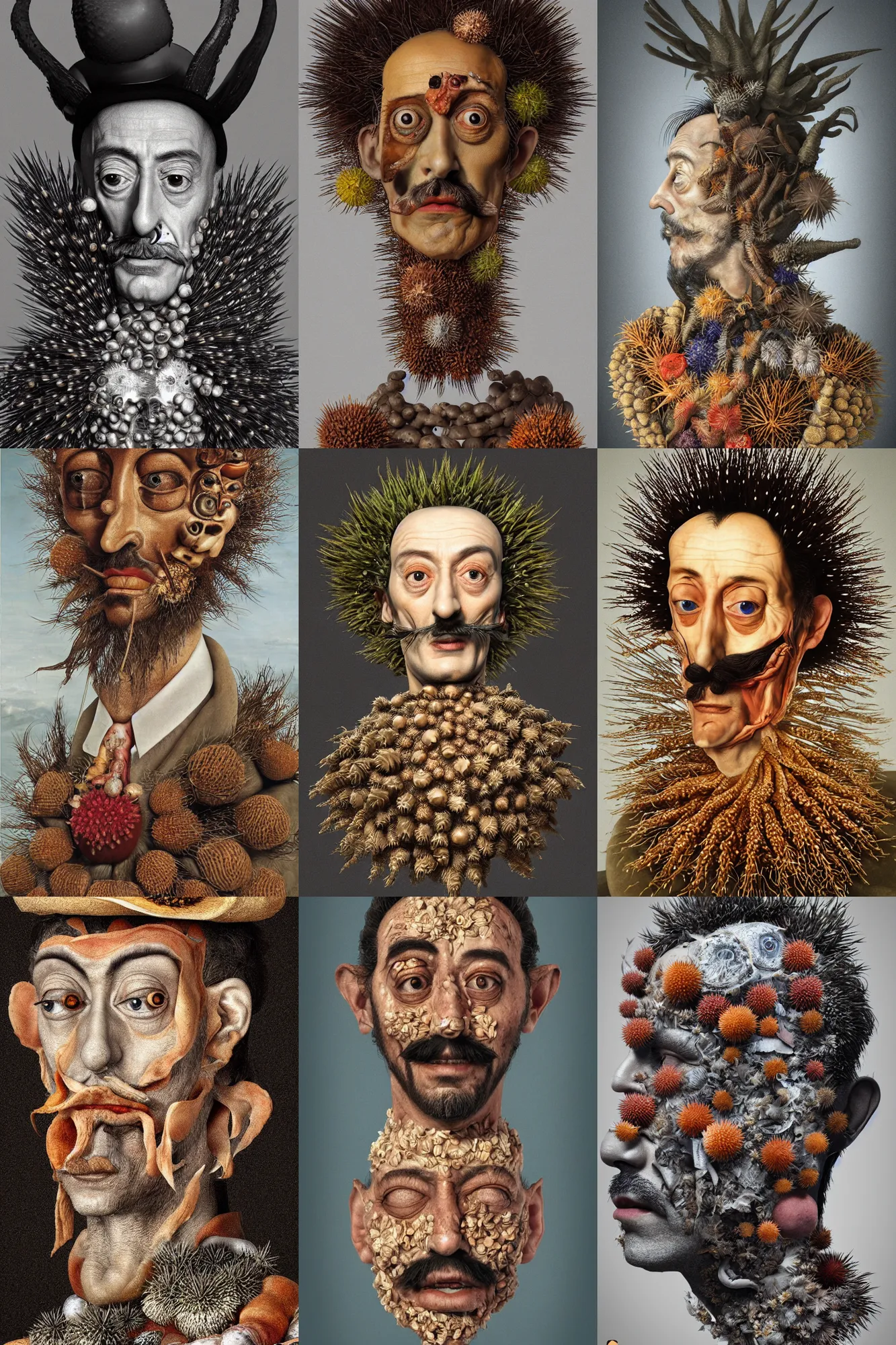 Prompt: giuseppe arcimboldo's portrait of salvador dali made out of sea urchins, artstation, octane render, unreal engine, 8 k, aperture f 1. 2