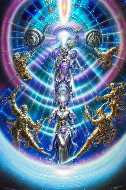 Prompt: a photorealistic detailed cinematic image of iridescent metallic futuristic guardian warrior spirits guiding a departed soul crossing the ornate portal to the afterlife. clean visionary art, powerful, triumph, glory, astonishing, met by friends and family, overjoyed, by pinterest, david a. hardy, kinkade, lisa frank, wpa, public works mural, socialist