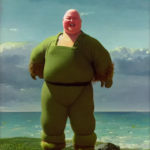 Prompt: portrait bobby hill wearing a shrek the ogre costume head eyes with ripped physique stands atop a skyscraper brad rigney winslow homer greg rutkowski cray-pas