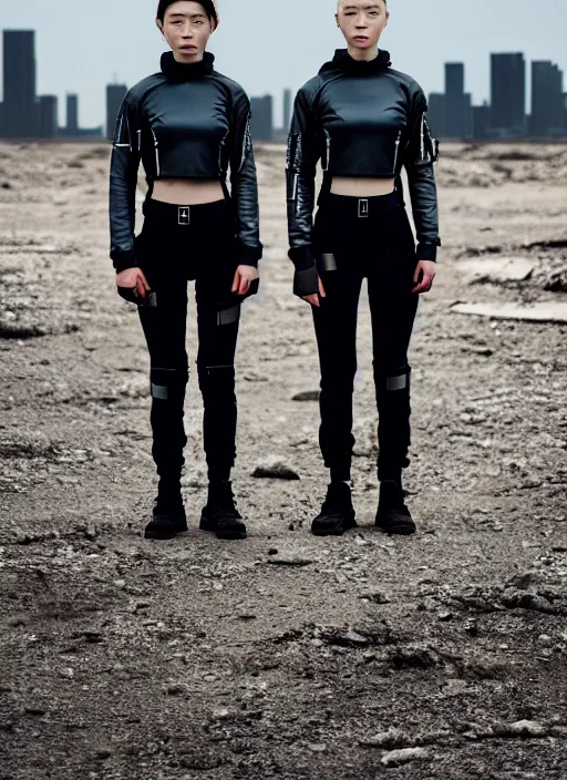 Prompt: cinestill 5 0 d photographic portrait of two clones, techwear women on a desolate plain, a brutalist metal building in the background, depth of field, 4 k, 8 k, hd, full color