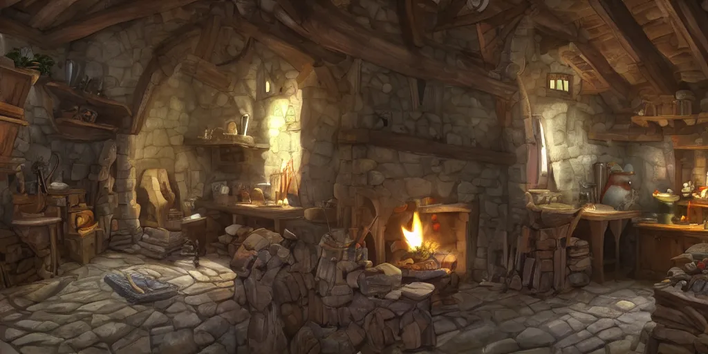 Image similar to medieval cottage interior, pixar animation