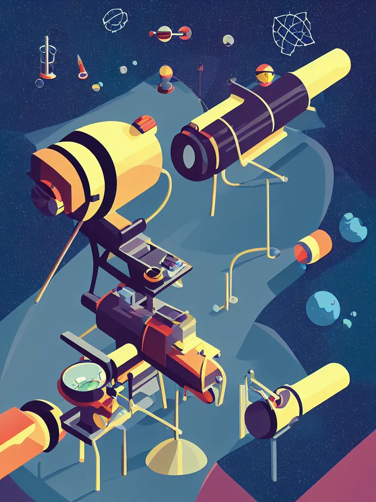 Image similar to editorial illustration scientific lab test tube telescope microscope spaceship, dynamic composition, detailed, matte print, dynamic perspective, colorful modern, mads berg